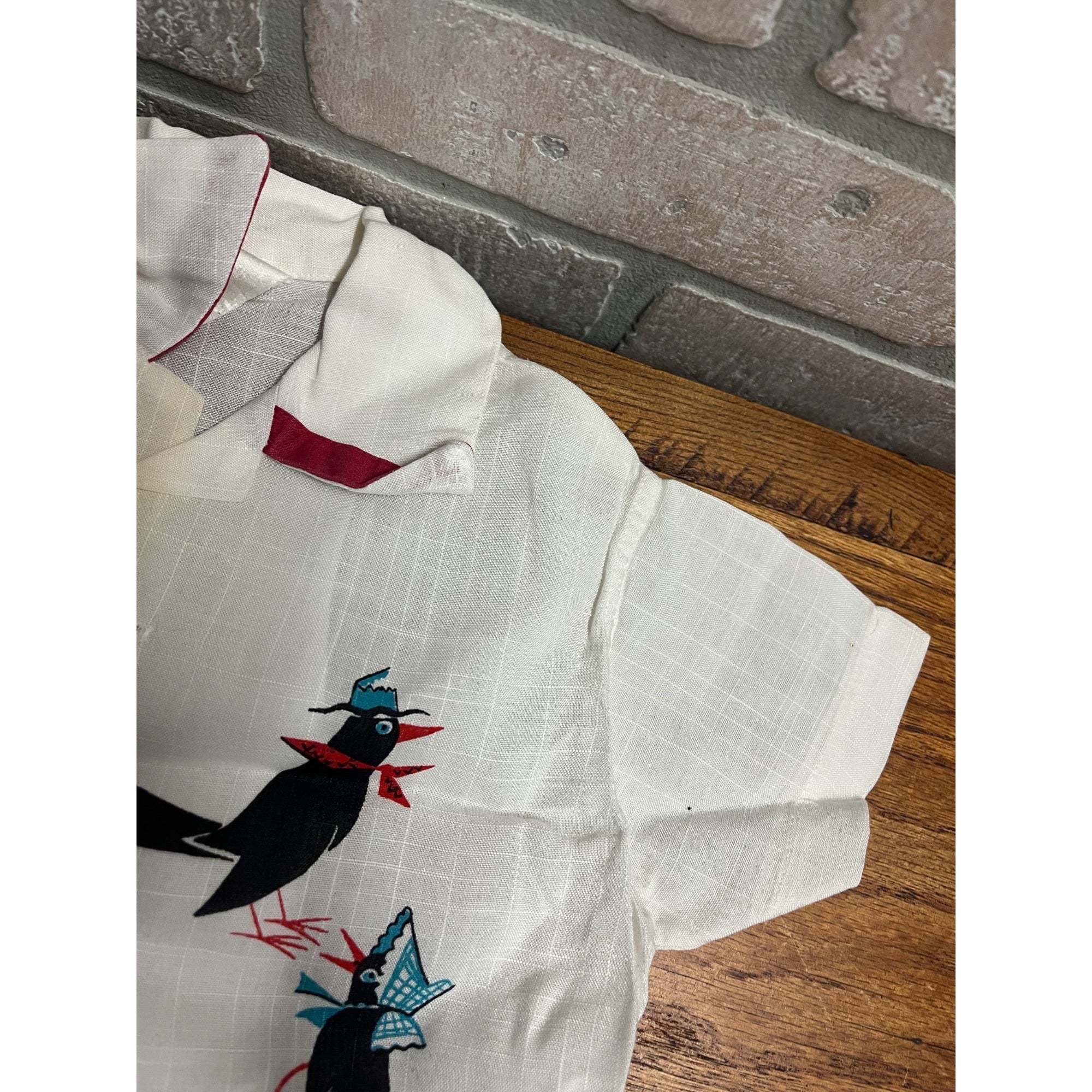 Vintage Child's Button-Up Collared Shirt Railroad Tracks Attired Birds Safety Teaching Textile
