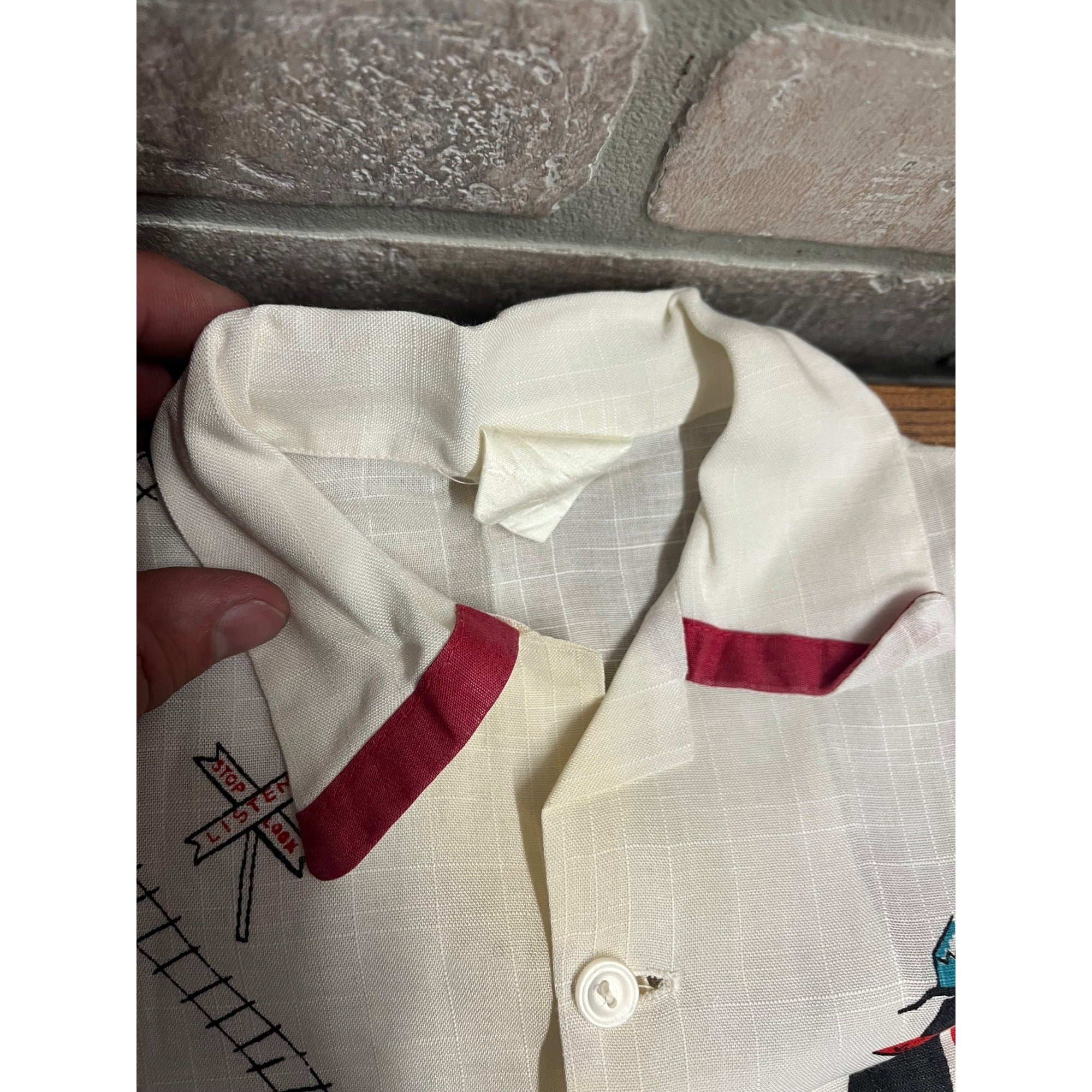 Vintage Child's Button-Up Collared Shirt Railroad Tracks Attired Birds Safety Teaching Textile