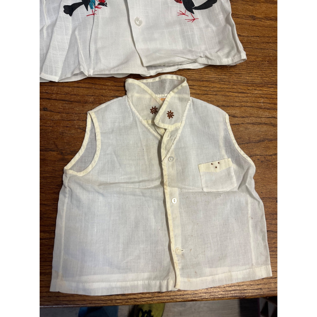 Vintage Child's Button-Up Collared Shirt Railroad Tracks Attired Birds Safety Teaching Textile