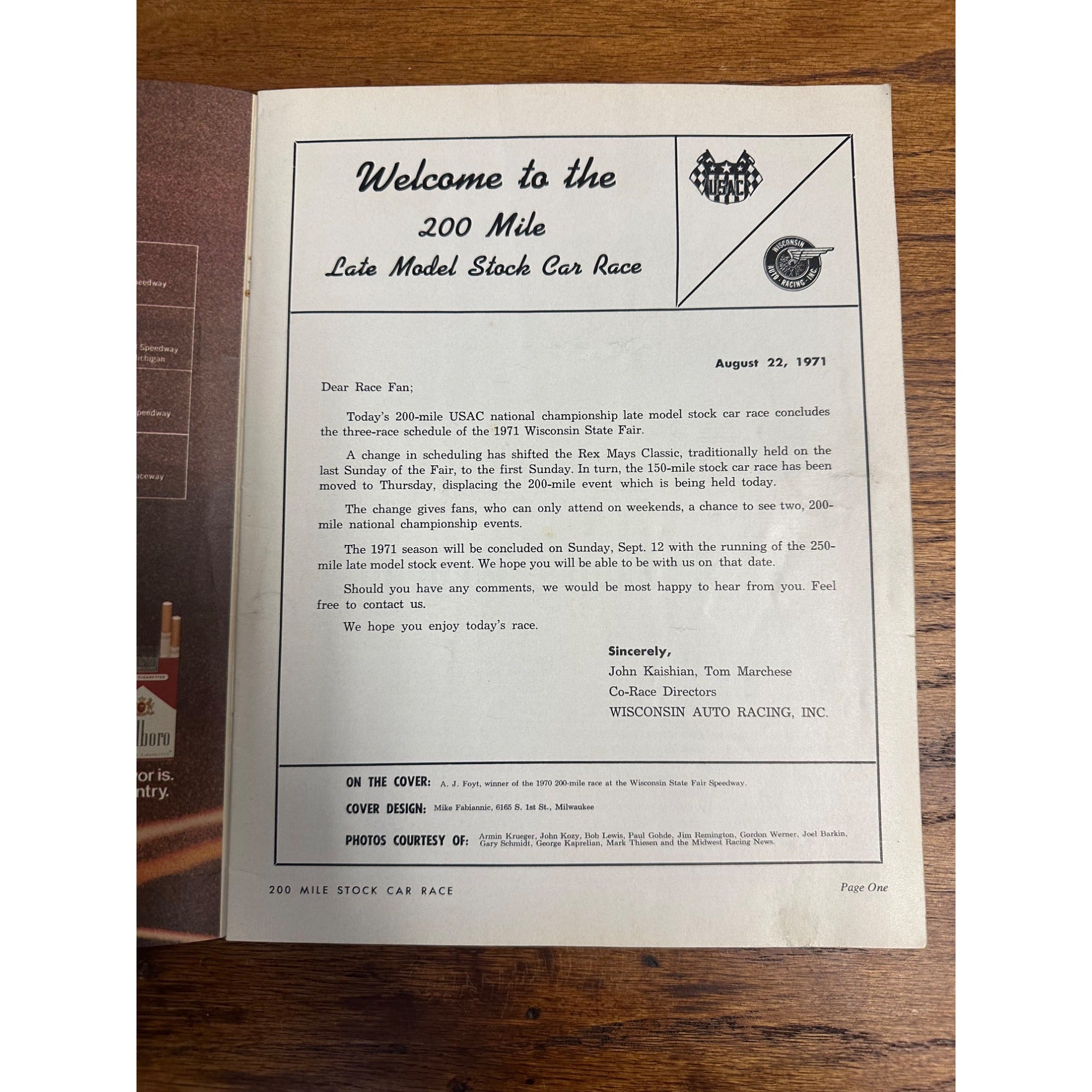 1971 Stock Car 200 Mile Race National Championship Souvenir Program Wisconsin