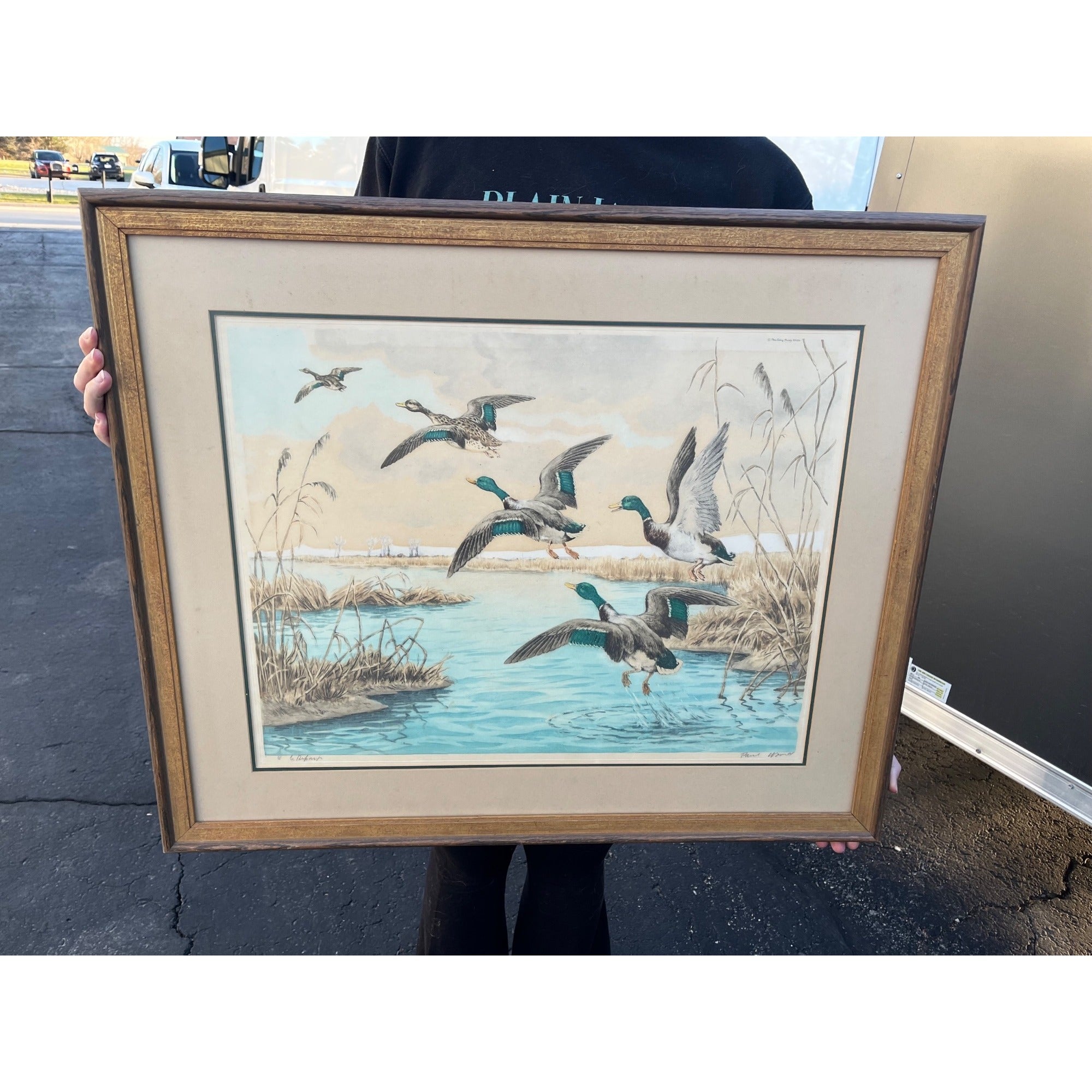 Vintage 1960s Paul Wood "The Departure" Ducks Mallards Framed Art Print Signed Cabin Decor Hunting Paris Etching Society