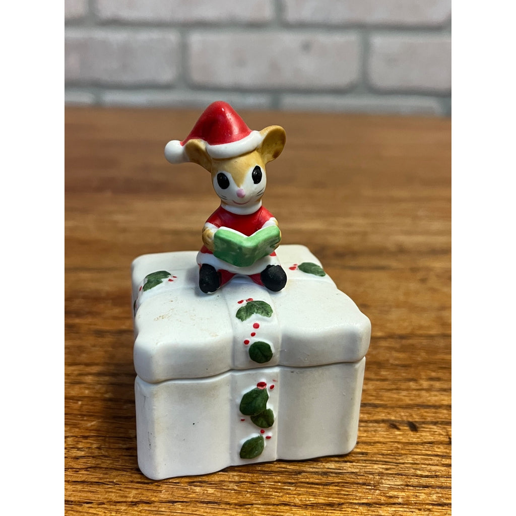 Vintage Lefton Merry Mouse Christmas Porcelain Square Lidded Trinket Dish #02787