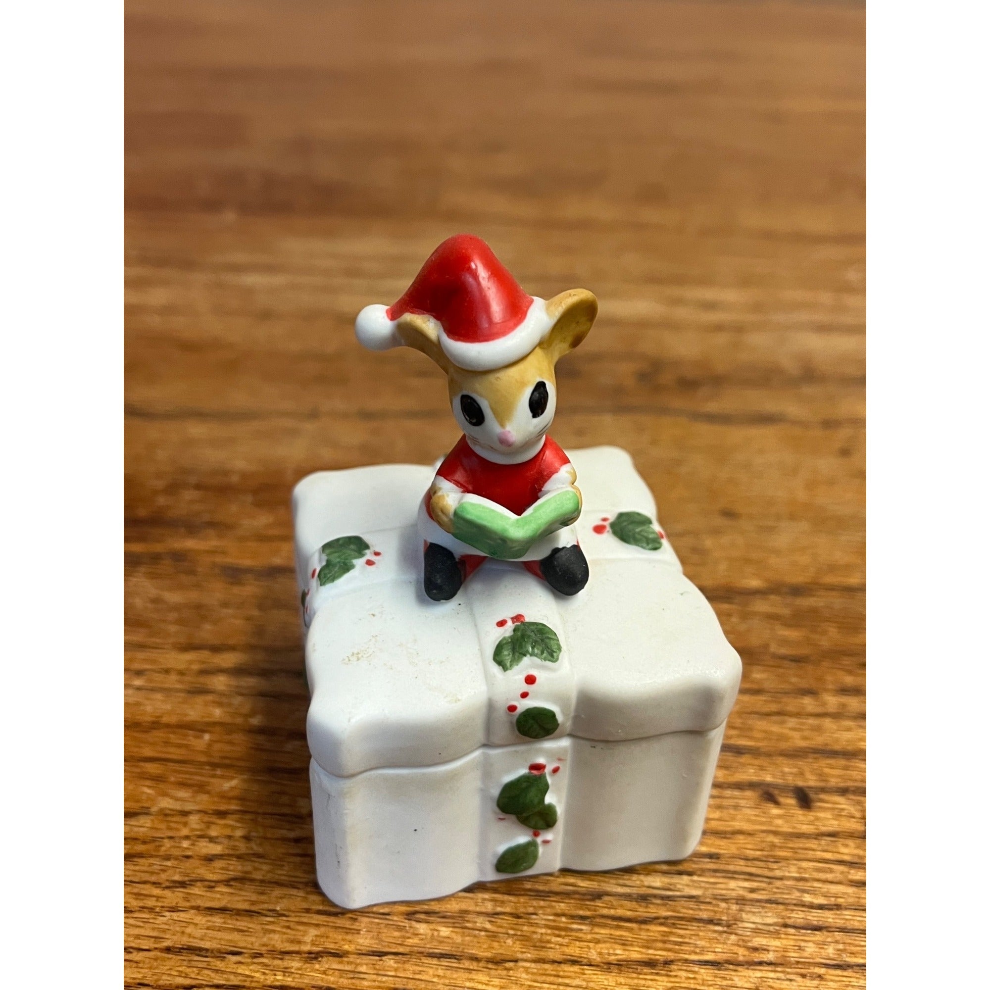 Vintage Lefton Merry Mouse Christmas Porcelain Square Lidded Trinket Dish #02787