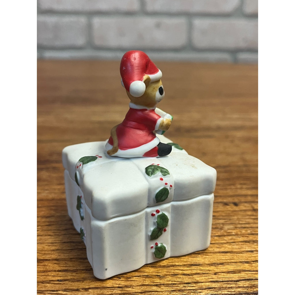 Vintage Lefton Merry Mouse Christmas Porcelain Square Lidded Trinket Dish #02787