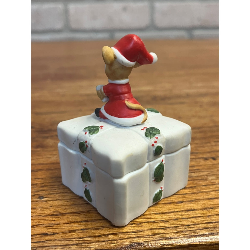 Vintage Lefton Merry Mouse Christmas Porcelain Square Lidded Trinket Dish #02787