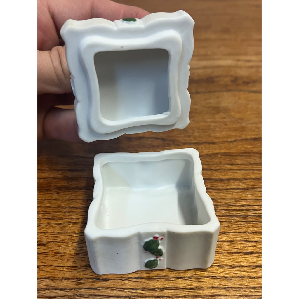 Vintage Lefton Merry Mouse Christmas Porcelain Square Lidded Trinket Dish #02787