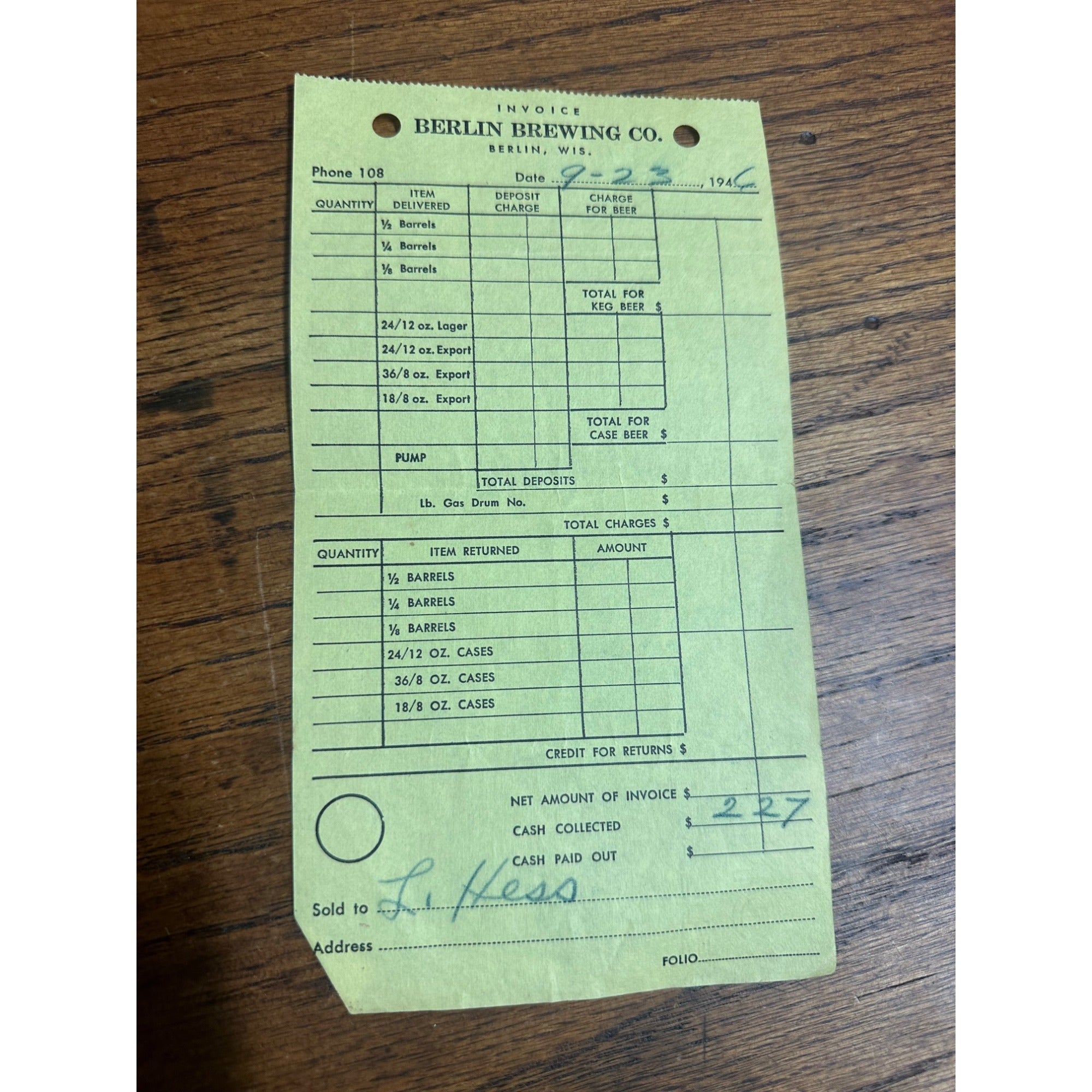 Vintage Berlin Brewing Co. Wisconsin Beer Invoice Receipt Wis WI