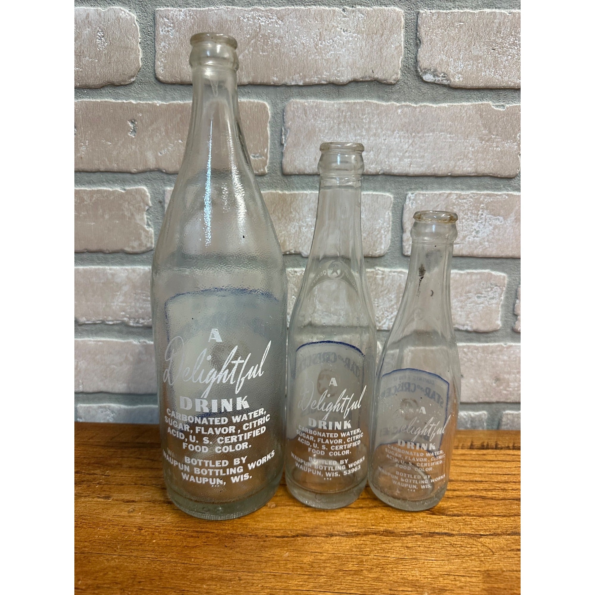 Vintage Star & Crescent Beverages Soda Bottles Lot (3) Waupun WI 32oz, 10oz, 7oz