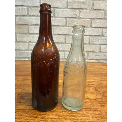 Vintage Schreier Amber + Clear Glass Beer Bottles Sheboygan Wisconsin Brewery WI