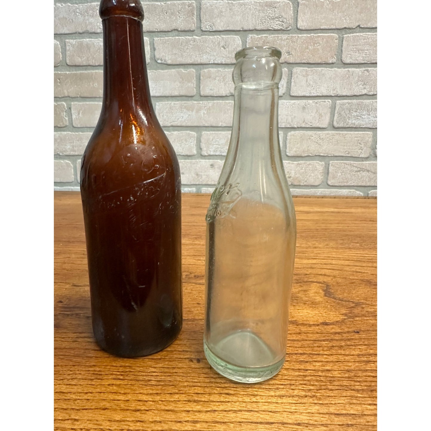 Vintage Schreier Amber + Clear Glass Beer Bottles Sheboygan Wisconsin Brewery WI