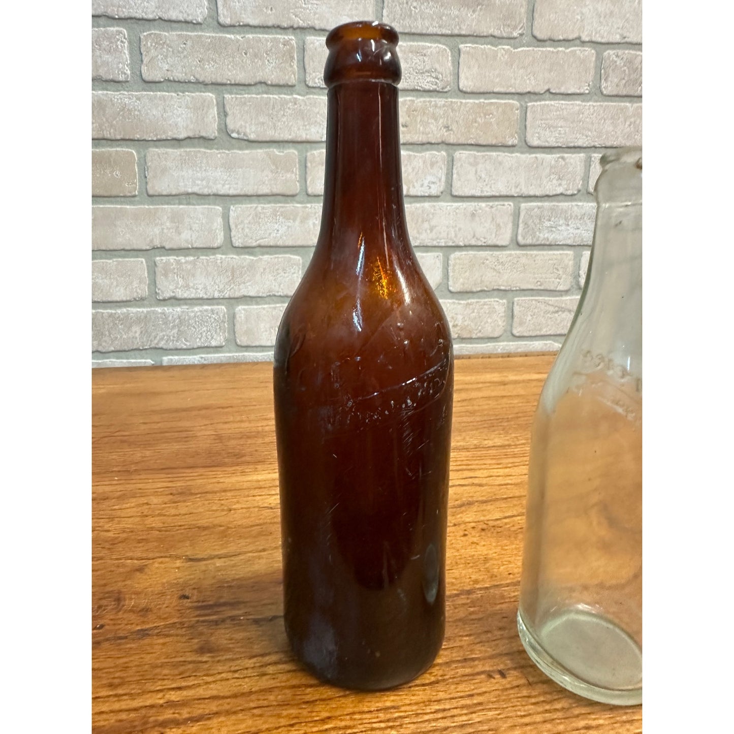 Vintage Schreier Amber + Clear Glass Beer Bottles Sheboygan Wisconsin Brewery WI