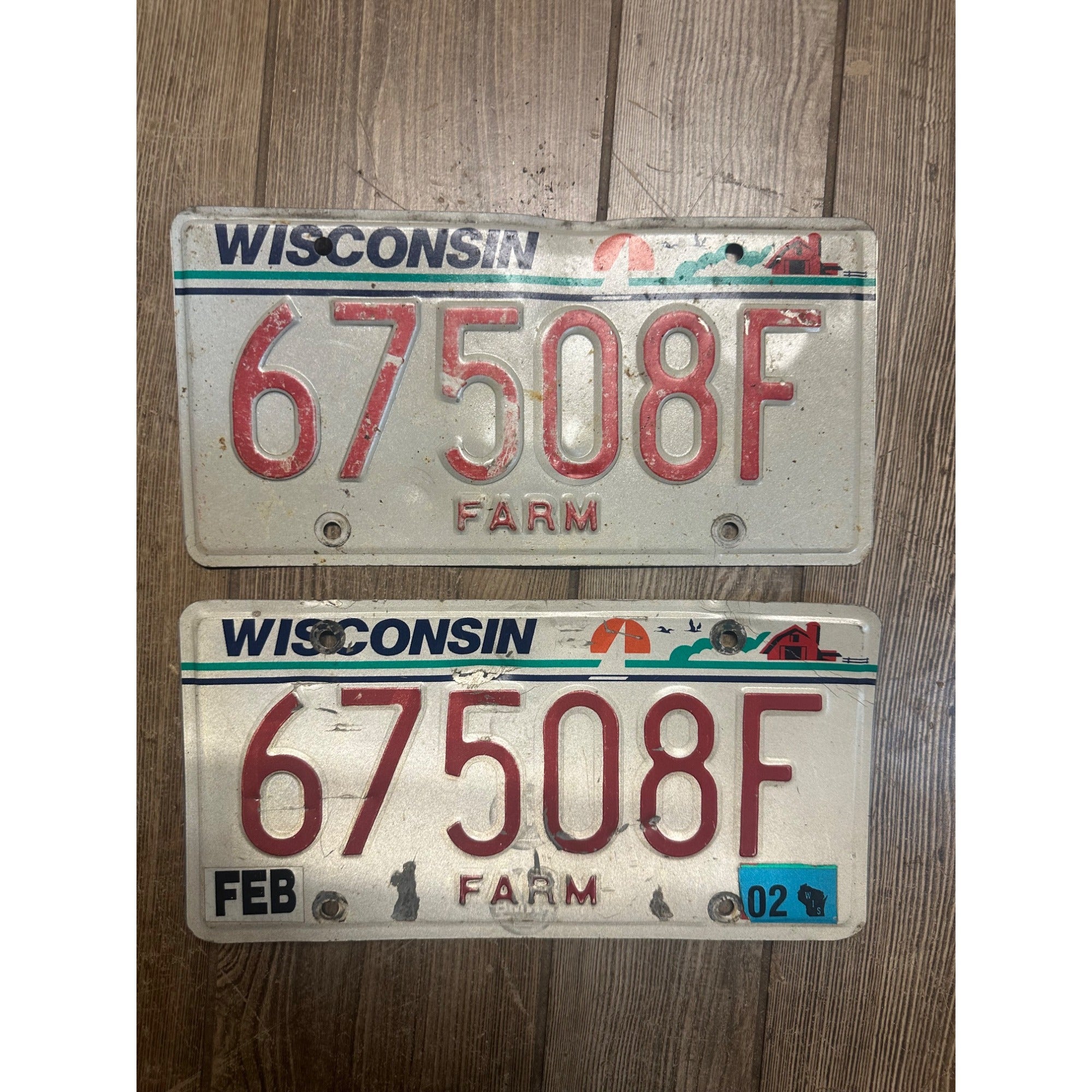 Vintage 2002  Wisconsin Embossed License Plate Red White Pair