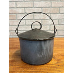 Antique Primitive Grey Graniteware Enamelware Lidded Lunch Pail Berry Bucket Farmhouse Kitchen Decor