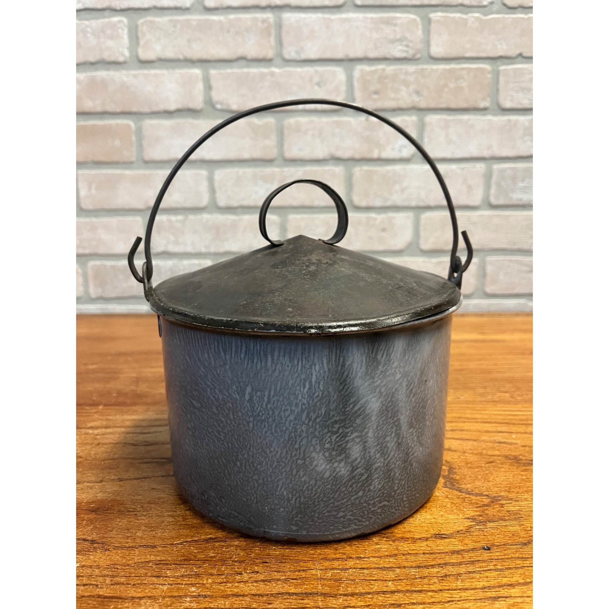 Antique Primitive Grey Graniteware Enamelware Lidded Lunch Pail Berry Bucket Farmhouse Kitchen Decor