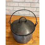 Antique Primitive Grey Graniteware Enamelware Lidded Lunch Pail Berry Bucket Farmhouse Kitchen Decor
