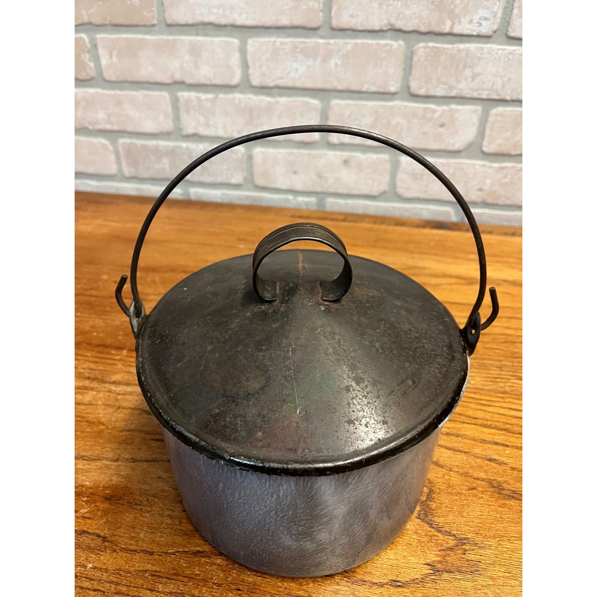 Antique Primitive Grey Graniteware Enamelware Lidded Lunch Pail Berry Bucket Farmhouse Kitchen Decor