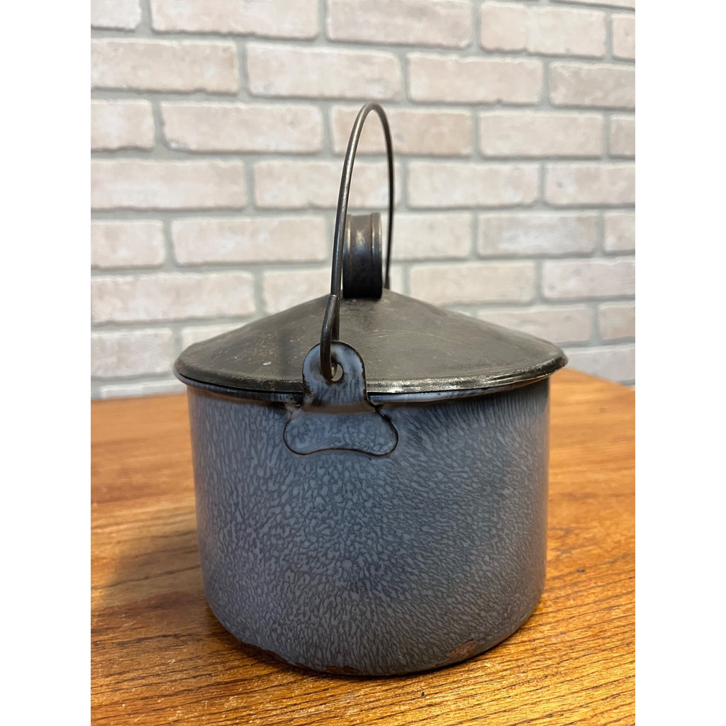Antique Primitive Grey Graniteware Enamelware Lidded Lunch Pail Berry Bucket Farmhouse Kitchen Decor