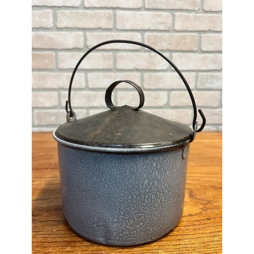 Antique Primitive Grey Graniteware Enamelware Lidded Lunch Pail Berry Bucket Farmhouse Kitchen Decor