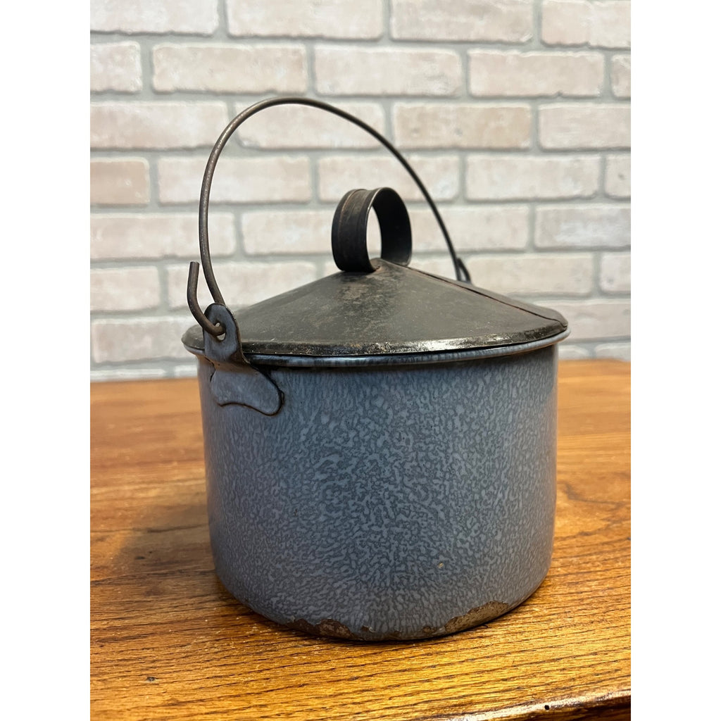 Antique Primitive Grey Graniteware Enamelware Lidded Lunch Pail Berry Bucket Farmhouse Kitchen Decor