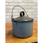 Antique Primitive Grey Graniteware Enamelware Lidded Lunch Pail Berry Bucket Farmhouse Kitchen Decor