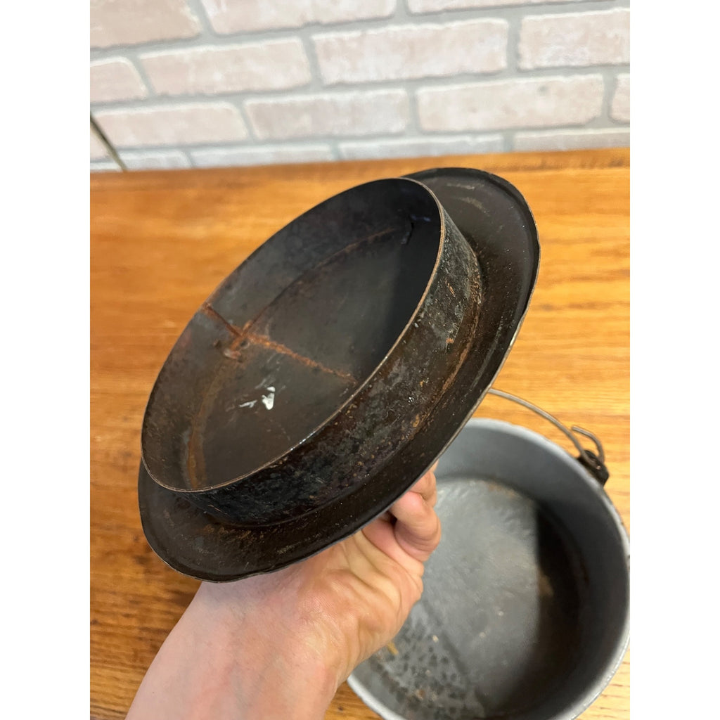 Antique Primitive Grey Graniteware Enamelware Lidded Lunch Pail Berry Bucket Farmhouse Kitchen Decor