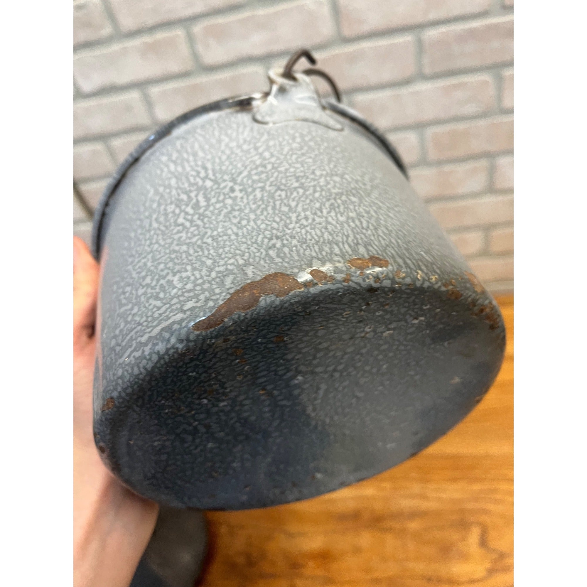 Antique Primitive Grey Graniteware Enamelware Lidded Lunch Pail Berry Bucket Farmhouse Kitchen Decor
