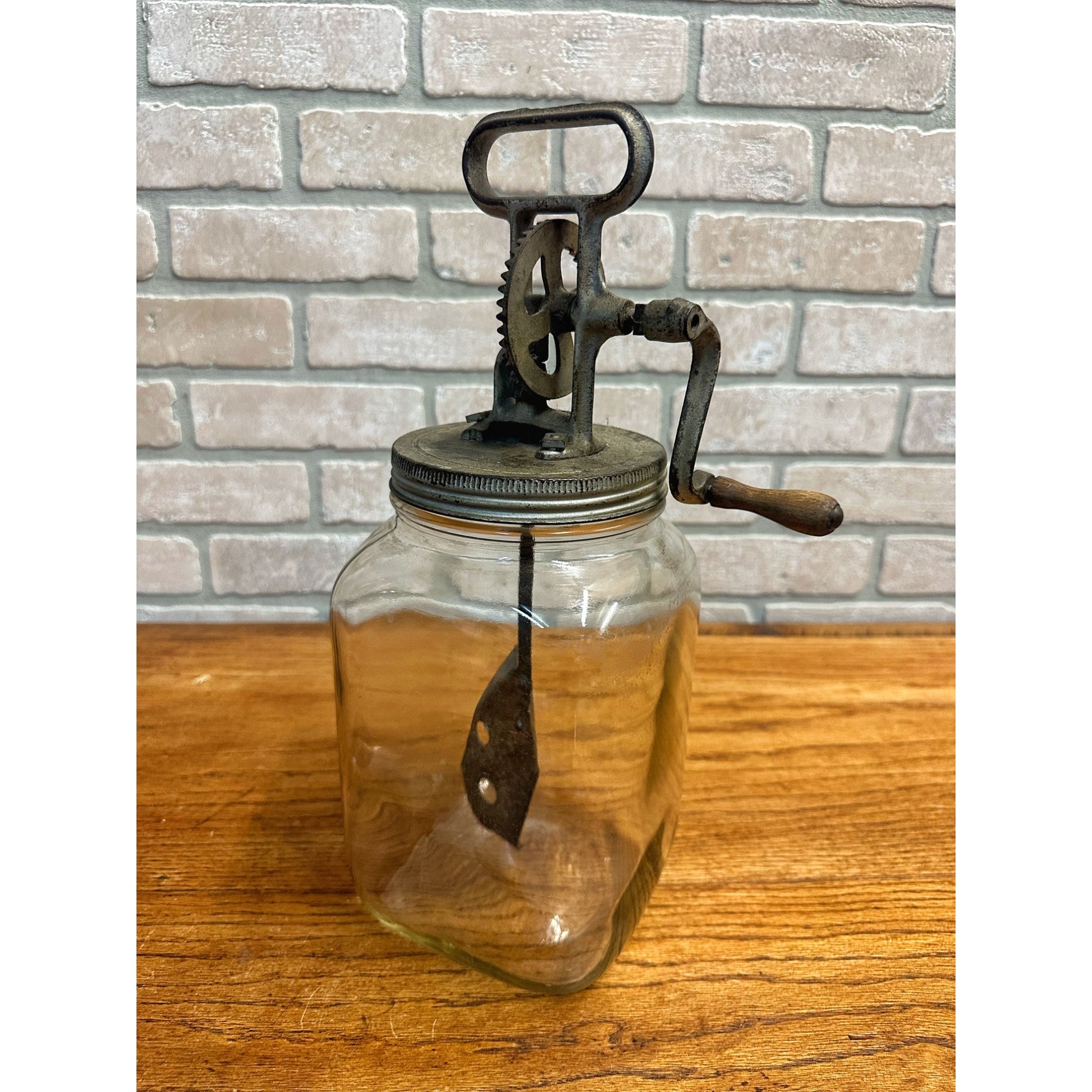 Antique Primitive Hand Crank Glass Butter Churn - 1 One Gallon - Farmhouse