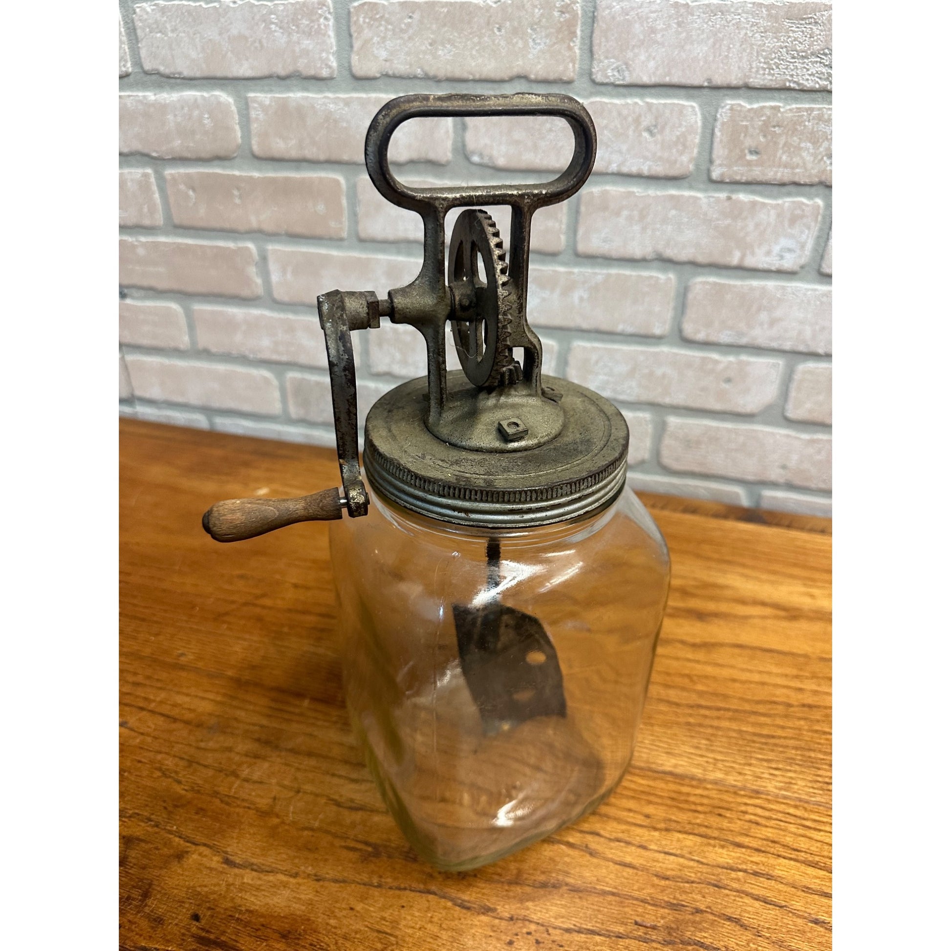 Antique Primitive Hand Crank Glass Butter Churn - 1 One Gallon - Farmhouse