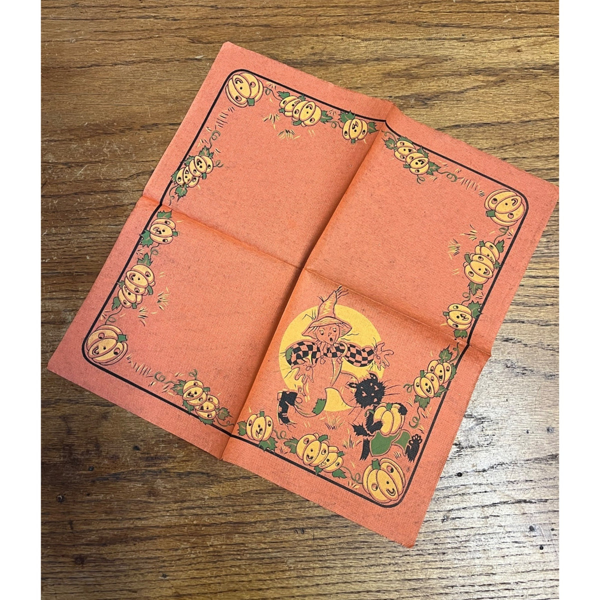 Vintage 1930s Halloween Dennison Crepe Paper Napkin Scarecrow Chasing Black Cat