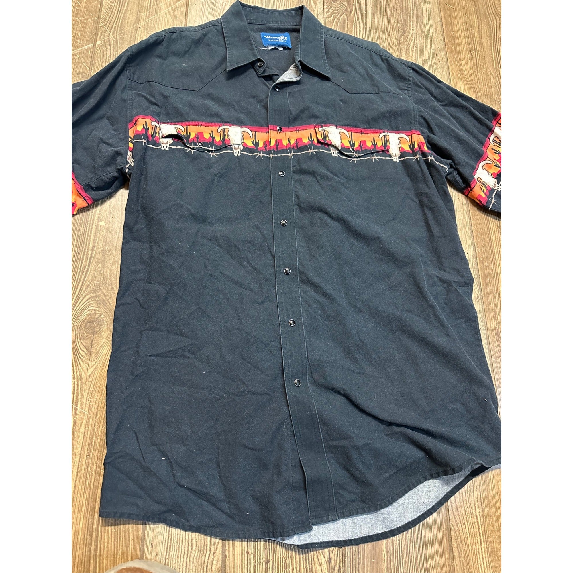 Vintage Wrangler Western Mens XL Long Sleeve Shirt Black Pearl Snaps Skulls
