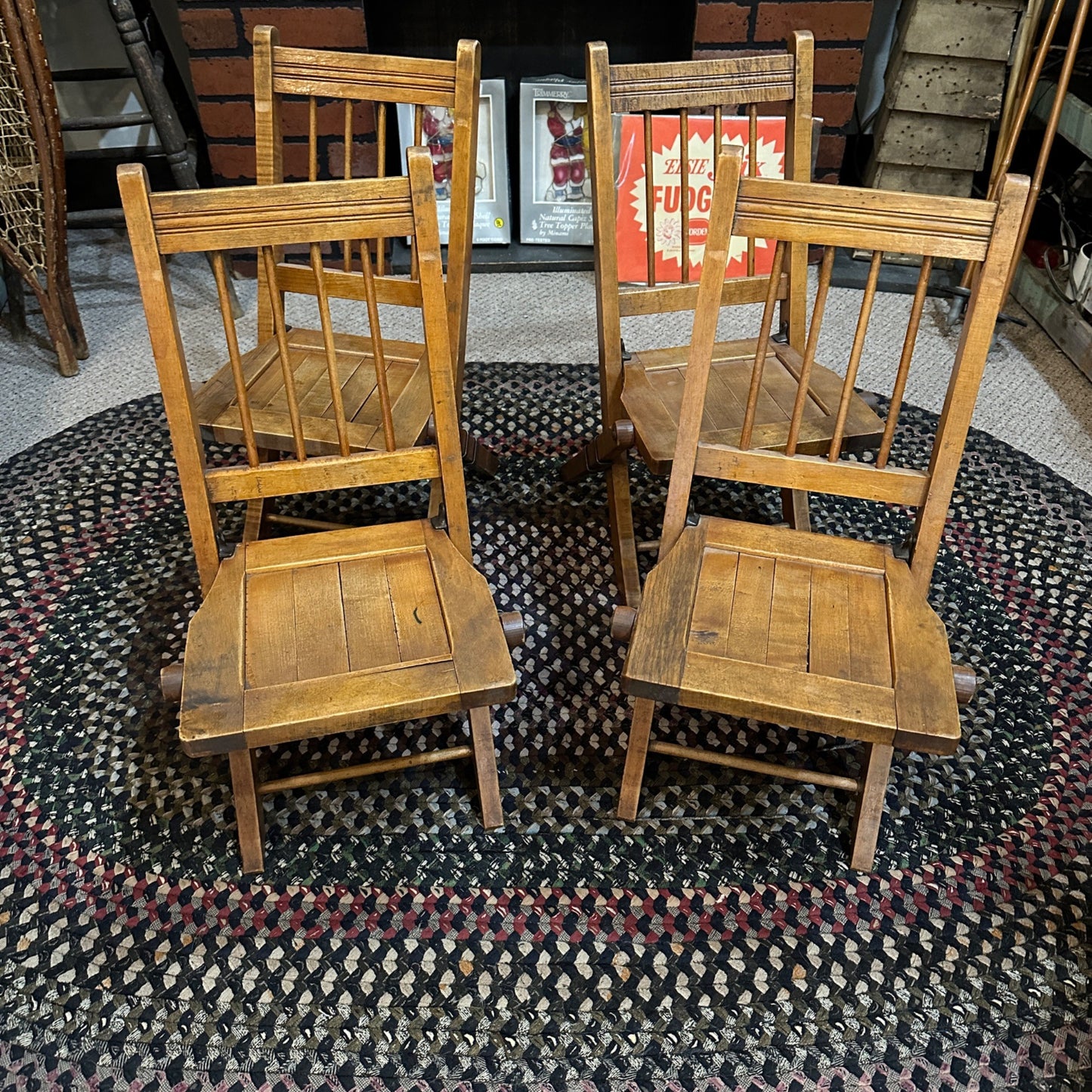 Set of 4 Antique Primtive Childrens Folding Wooden Slat Chairs