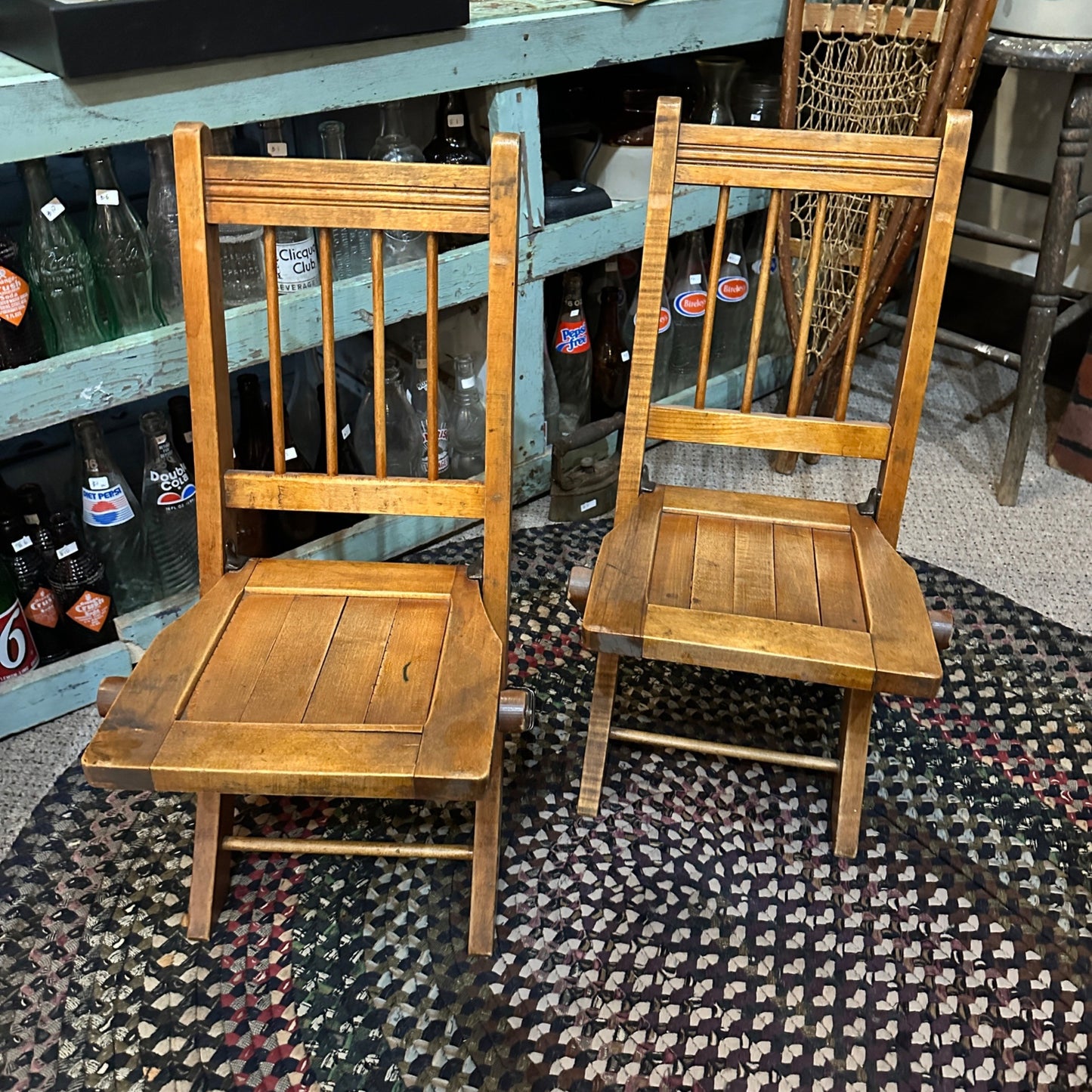 Set of 4 Antique Primtive Childrens Folding Wooden Slat Chairs