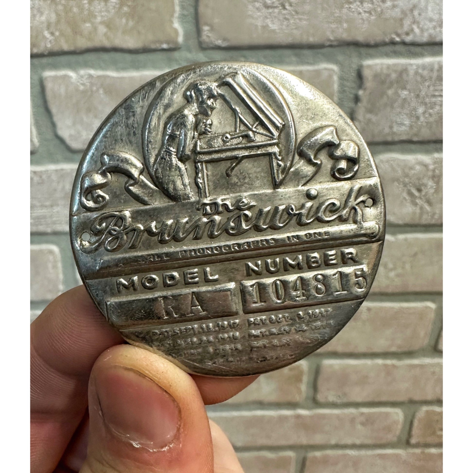Vintage Brunswick Phonograph Model RA Emblem Badge ID Tag Embossed 2"