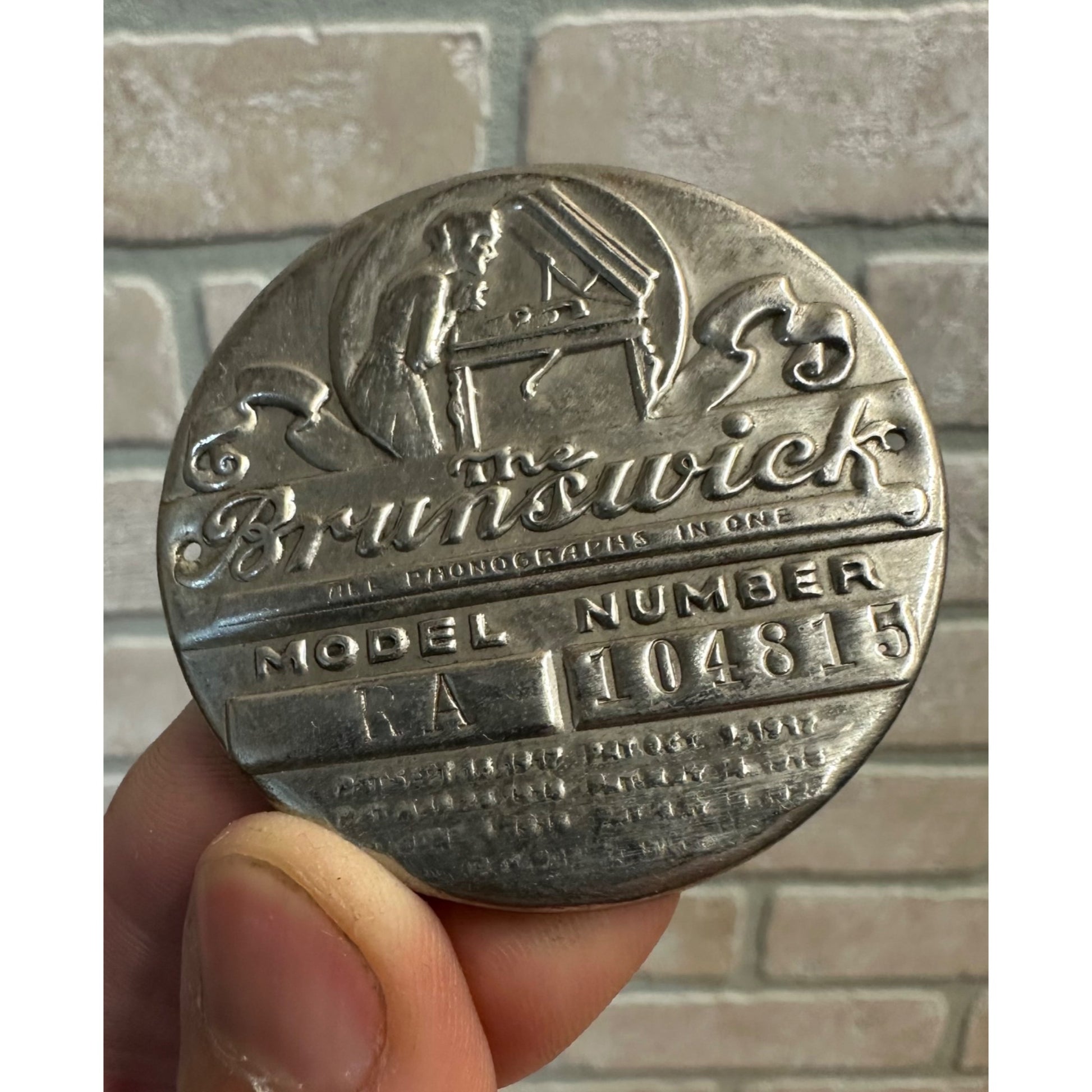 Vintage Brunswick Phonograph Model RA Emblem Badge ID Tag Embossed 2"