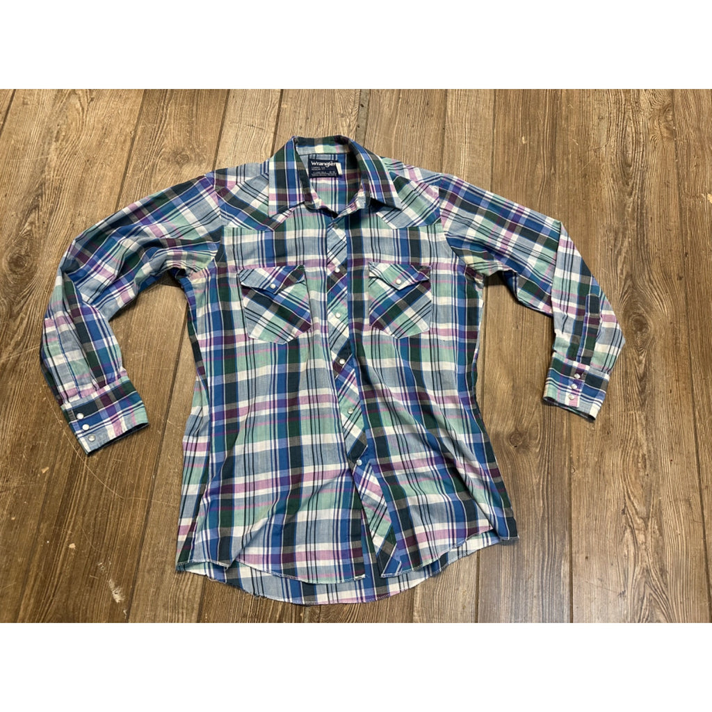 Vintage Wrangler Western Mens L Long Sleeve Shirt Blue Purple Pearl Snaps
