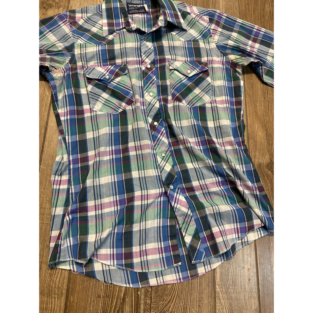 Vintage Wrangler Western Mens L Long Sleeve Shirt Blue Purple Pearl Snaps