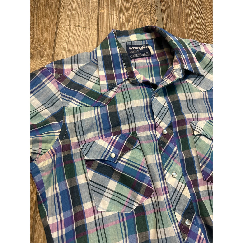 Vintage Wrangler Western Mens L Long Sleeve Shirt Blue Purple Pearl Snaps