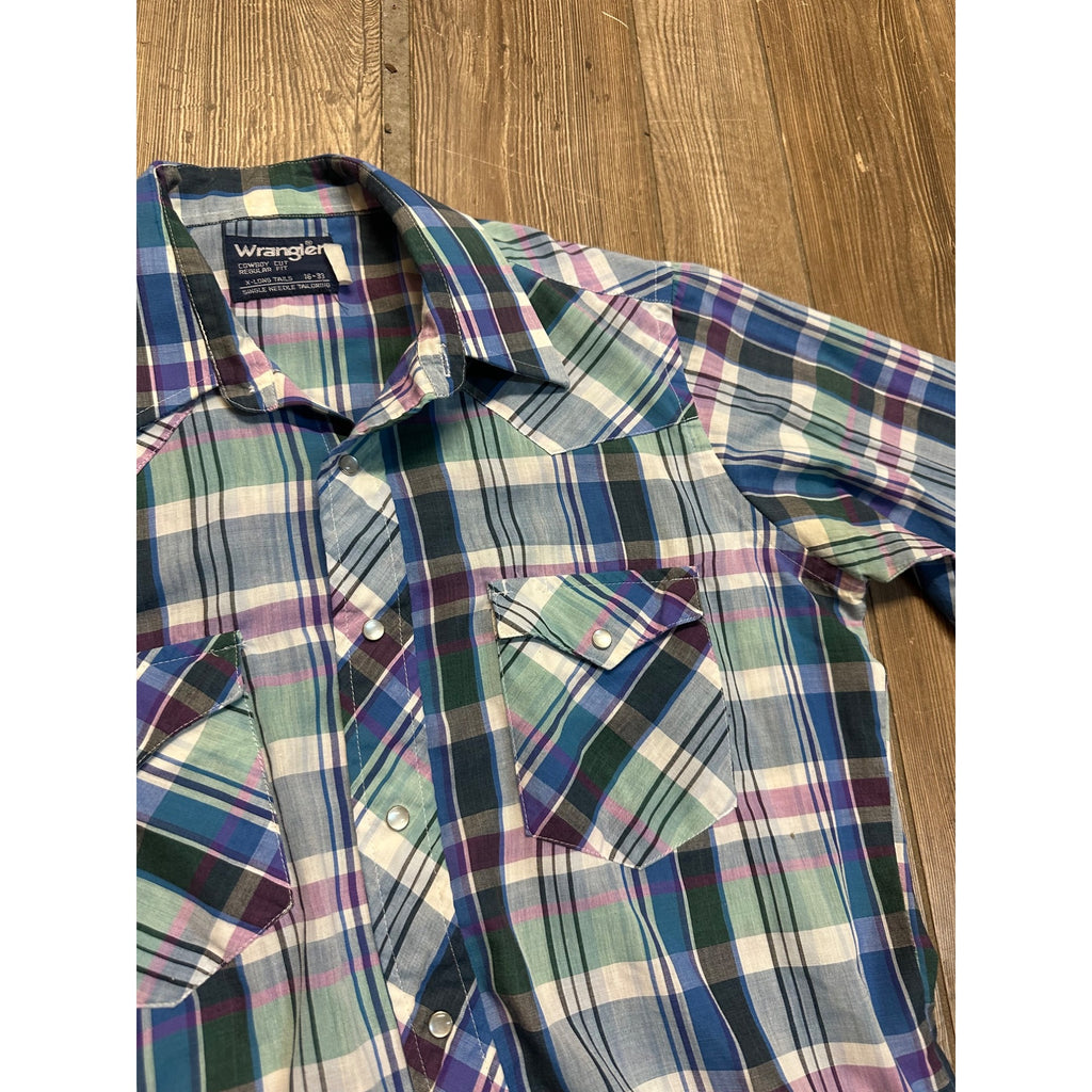 Vintage Wrangler Western Mens L Long Sleeve Shirt Blue Purple Pearl Snaps