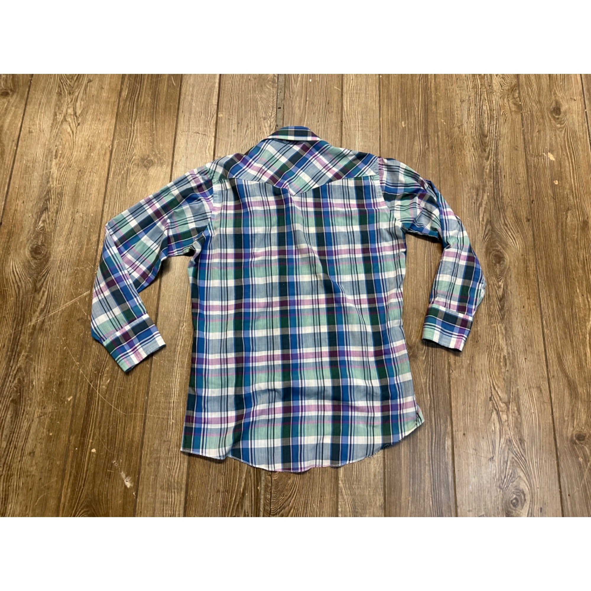 Vintage Wrangler Western Mens L Long Sleeve Shirt Blue Purple Pearl Snaps