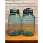 1900s Pair Early Ball Perfect Mason Canning Jars Footed A Aqua Blue #4 Zinc lids