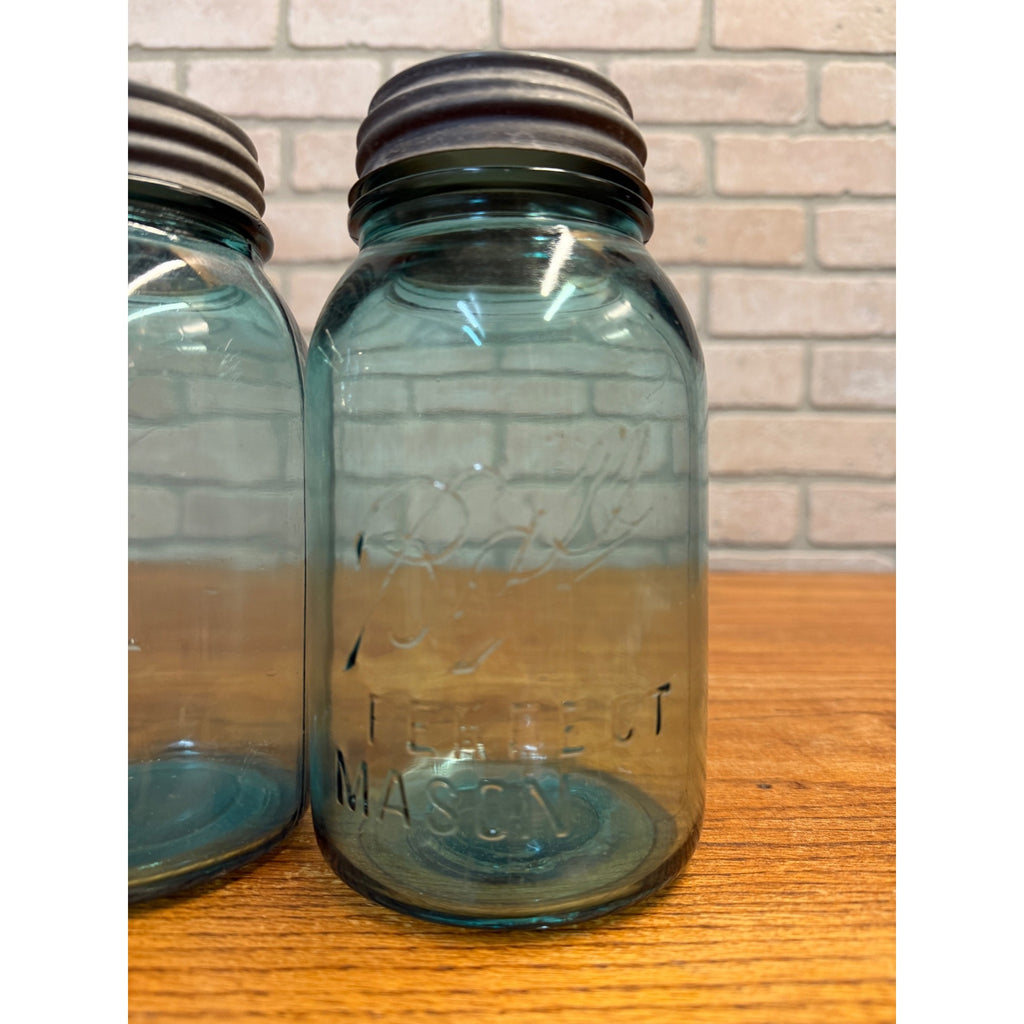 1900s Pair Early Ball Perfect Mason Canning Jars Footed A Aqua Blue #4 Zinc lids