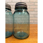 1900s Pair Early Ball Perfect Mason Canning Jars Footed A Aqua Blue #4 Zinc lids