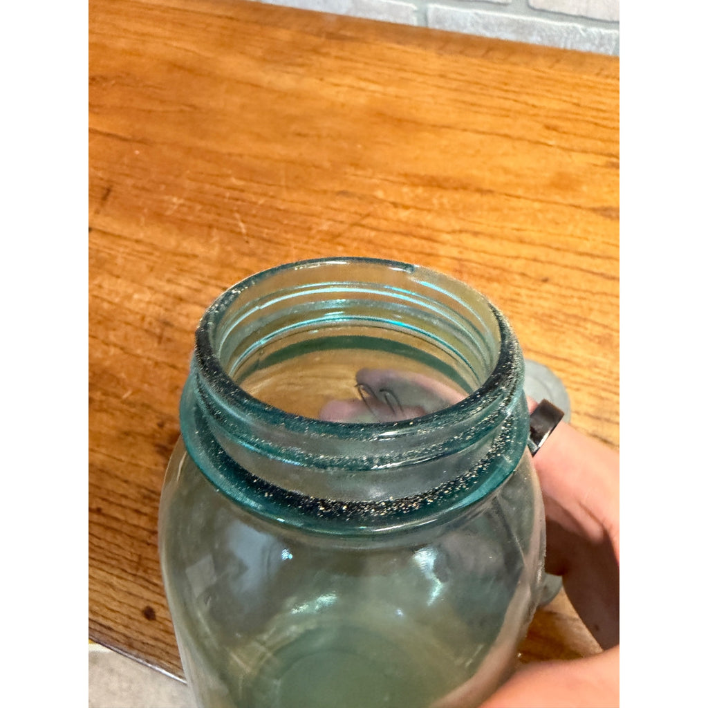 1900s Pair Early Ball Perfect Mason Canning Jars Footed A Aqua Blue #4 Zinc lids