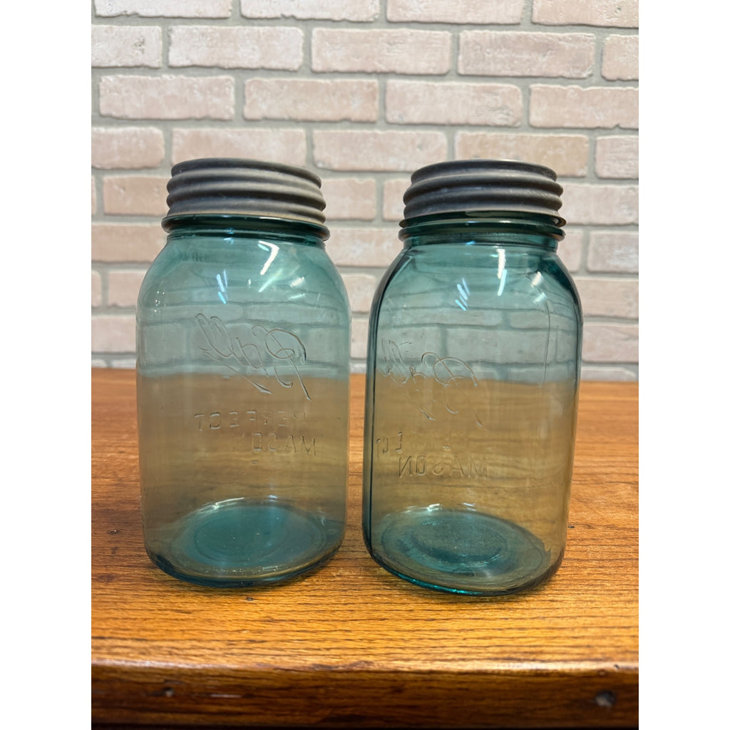 1900s Pair Early Ball Perfect Mason Canning Jars Footed A Aqua Blue #4 Zinc lids