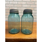 1900s Pair Early Ball Perfect Mason Canning Jars Footed A Aqua Blue #4 Zinc lids