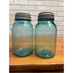 1900s Pair Early Ball Perfect Mason Canning Jars Footed A Aqua Blue #4 Zinc lids