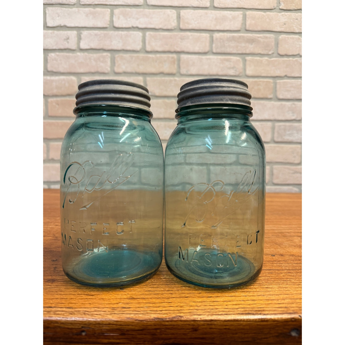 1900s Pair Early Ball Perfect Mason Canning Jars Footed A Aqua Blue #4 Zinc lids