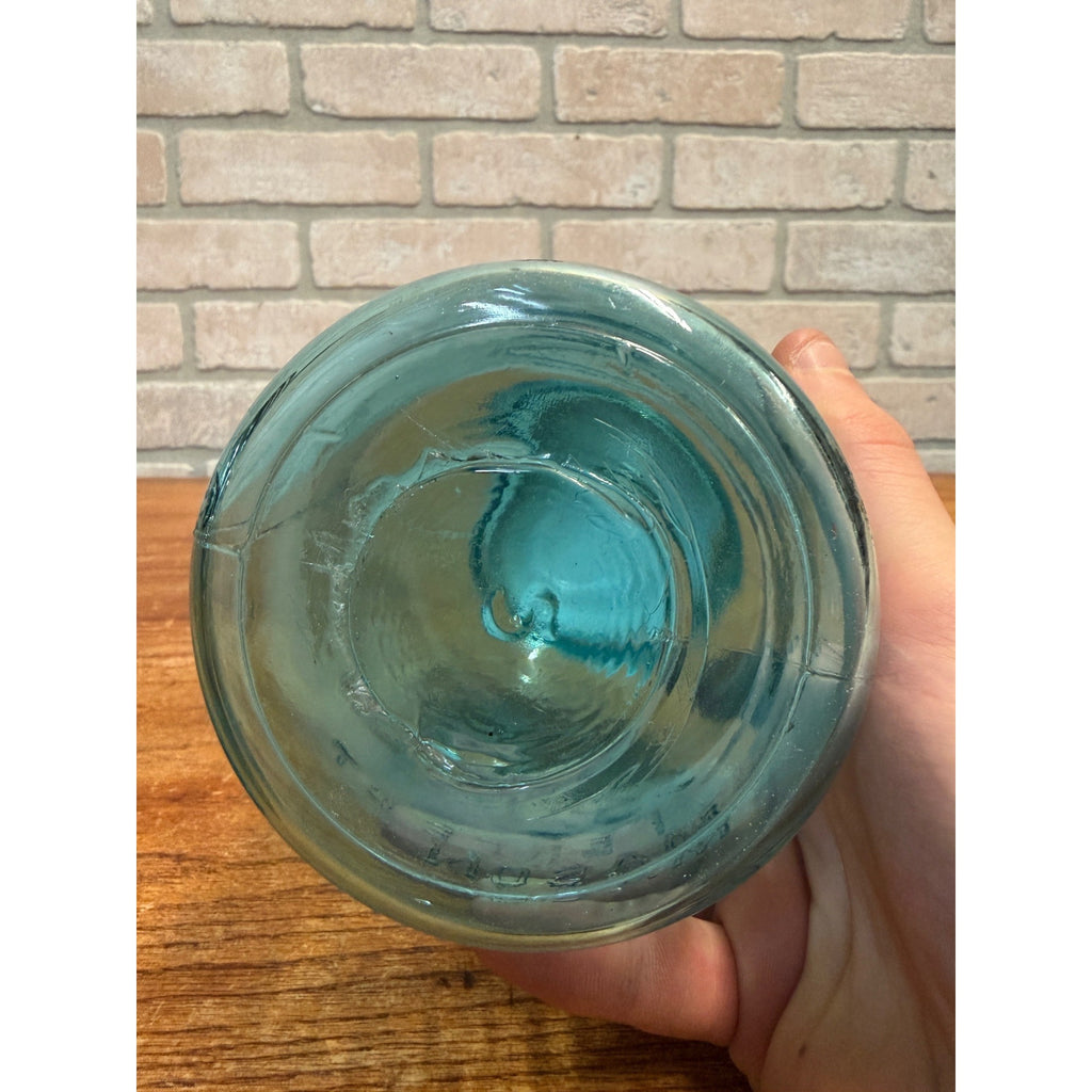 1900s Pair Early Ball Perfect Mason Canning Jars Footed A Aqua Blue #4 Zinc lids