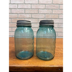 1900s Pair Early Ball Perfect Mason Canning Jars Footed A Aqua Blue #4 Zinc lids
