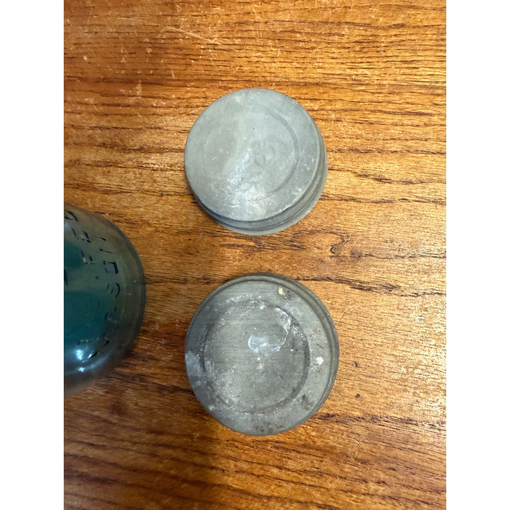 1900s Pair Early Ball Perfect Mason Canning Jars Footed A Aqua Blue #4 Zinc lids
